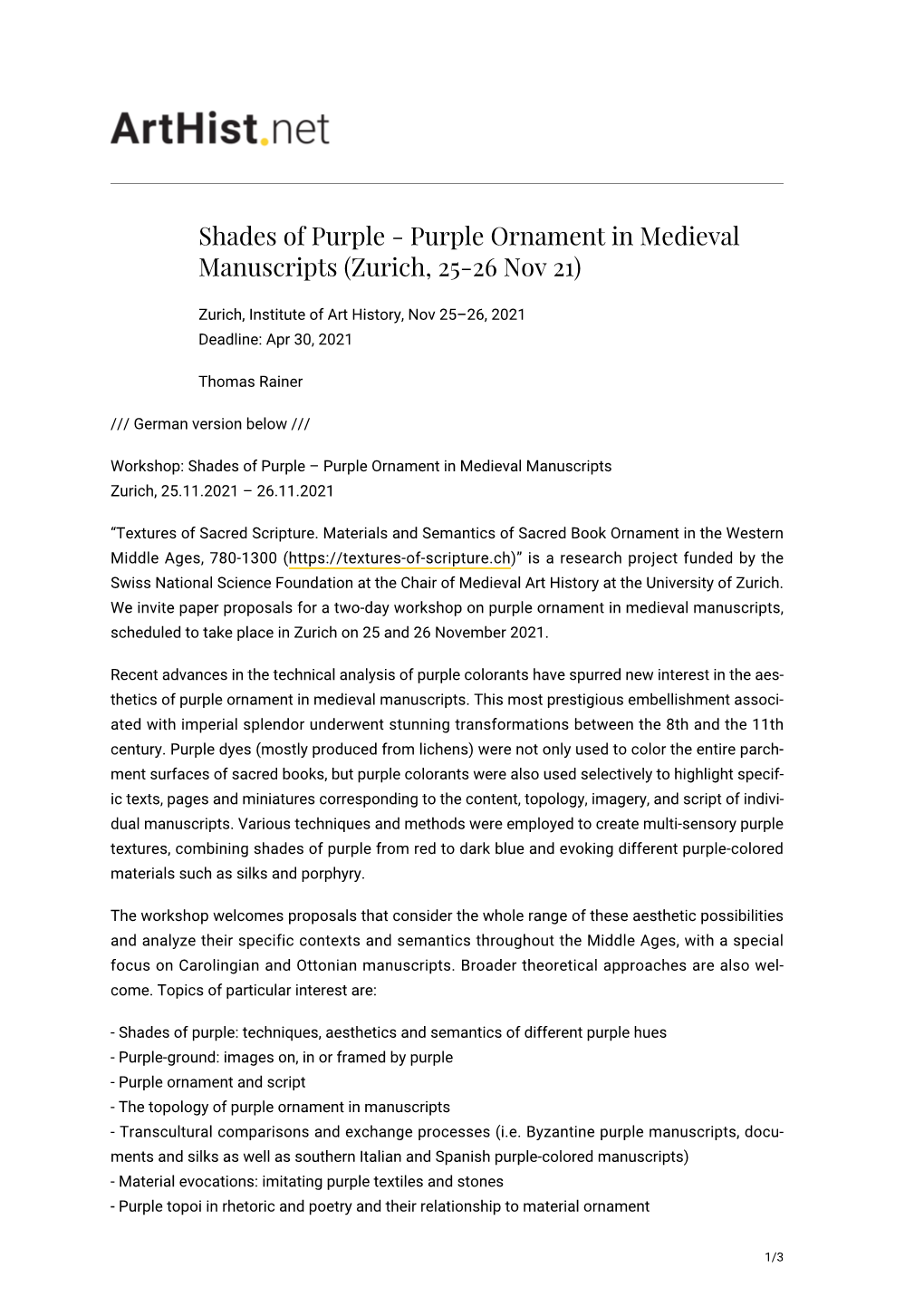 Shades of Purple - Purple Ornament in Medieval Manuscripts (Zurich, 25-26 Nov 21)