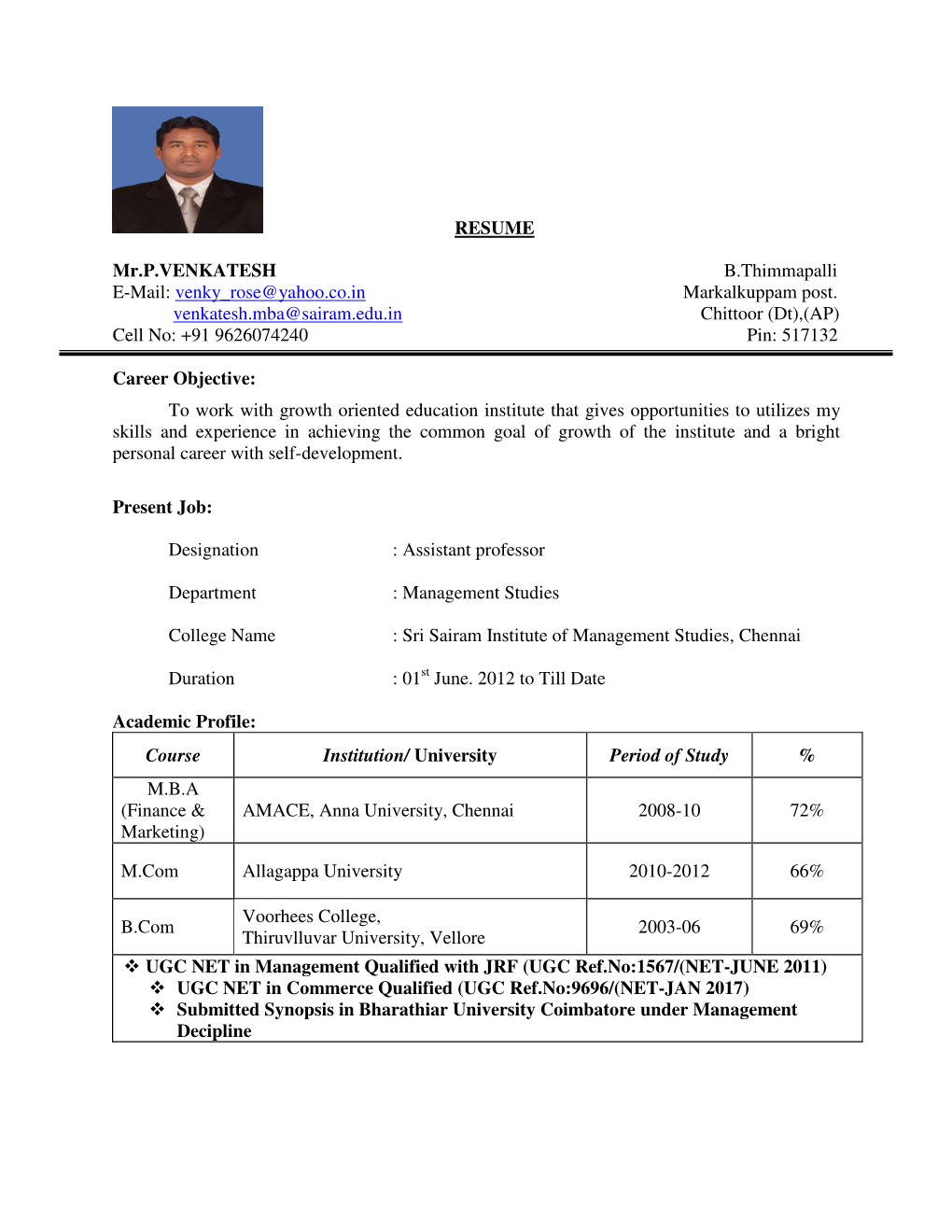 RESUME Mr.P.VENKATESH B.Thimmapalli E-Mail