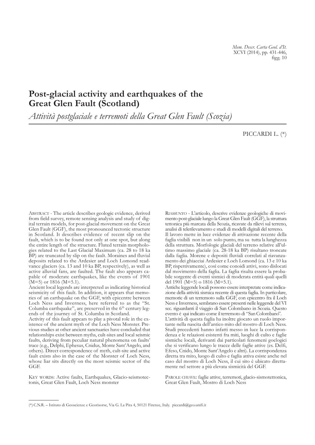 Post-Glacial Activity and Earthquakes of the Great Glen Fault (Scotland) Attività Postglaciale E Terremoti Della Great Glen Fault (Scozia)