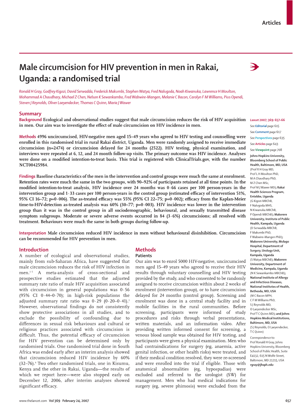 Male Circumcision for HIV Prevention in Men in Rakai, Uganda: a Randomised Trial