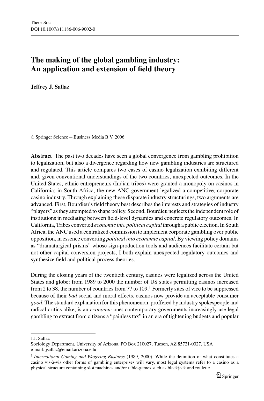 The Making of the Global Gambling Industry: an Application and Extension of ﬁeld Theory