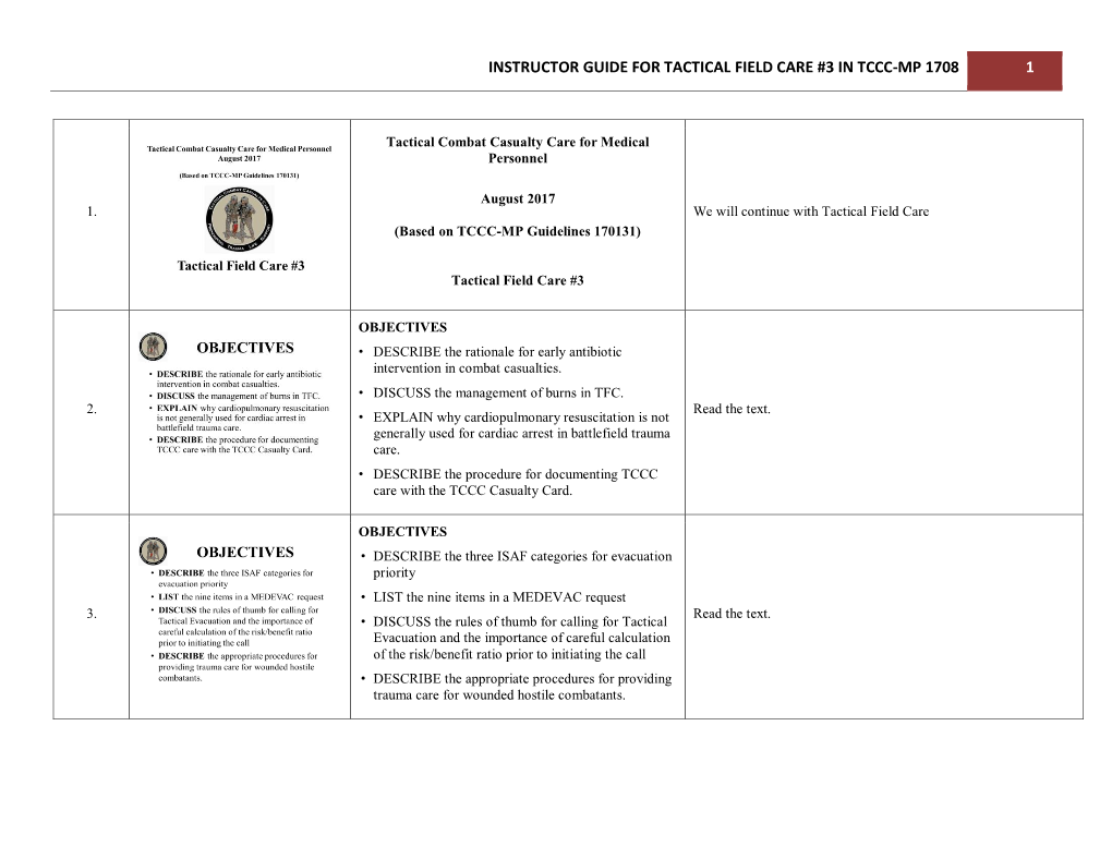 Instructor Guide for Tactical Field Care #3 in Tccc-Mp 1708 1