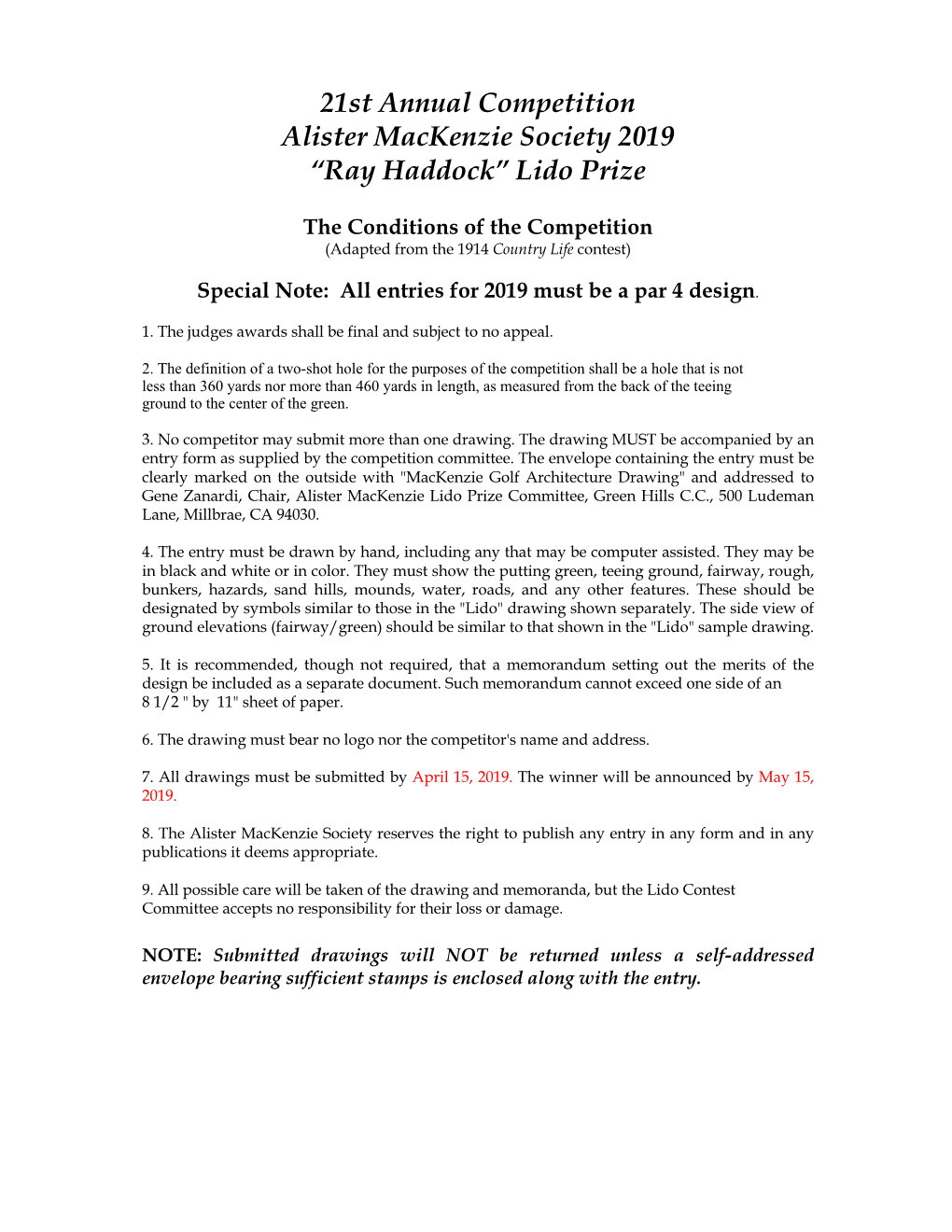 21St Annual Competition Alister Mackenzie Society 2019 “Ray Haddock” Lido Prize