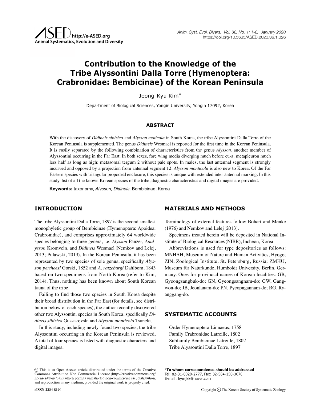 Contribution to the Knowledge of the Tribe Alyssontini Dalla Torre (Hymenoptera: Crabronidae: Bembicinae) of the Korean Peninsula