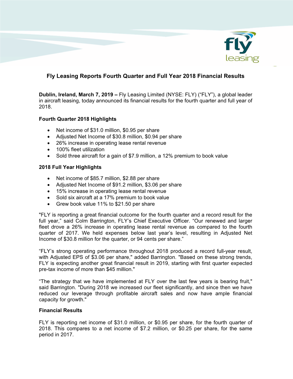 Fly Leasing Reports Fourth Quarter and Full Year 2018 Financial Results