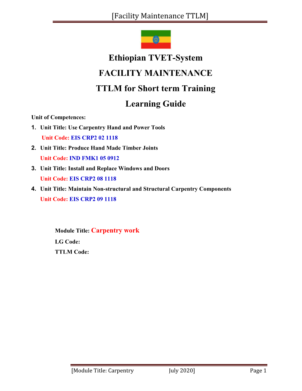 Ethiopian TVET-System FACILITY MAINTENANCE TTLM for Short Term Training Learning Guide