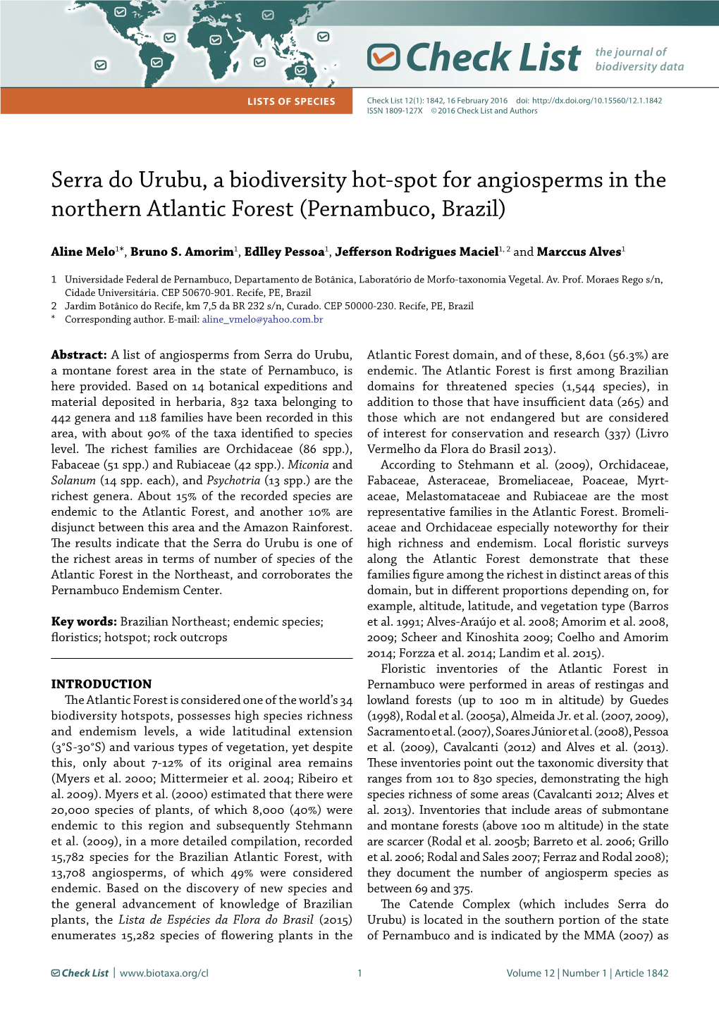 Serra Do Urubu, a Biodiversity Hot-Spot for Angiosperms in the Northern Atlantic Forest (Pernambuco, Brazil)