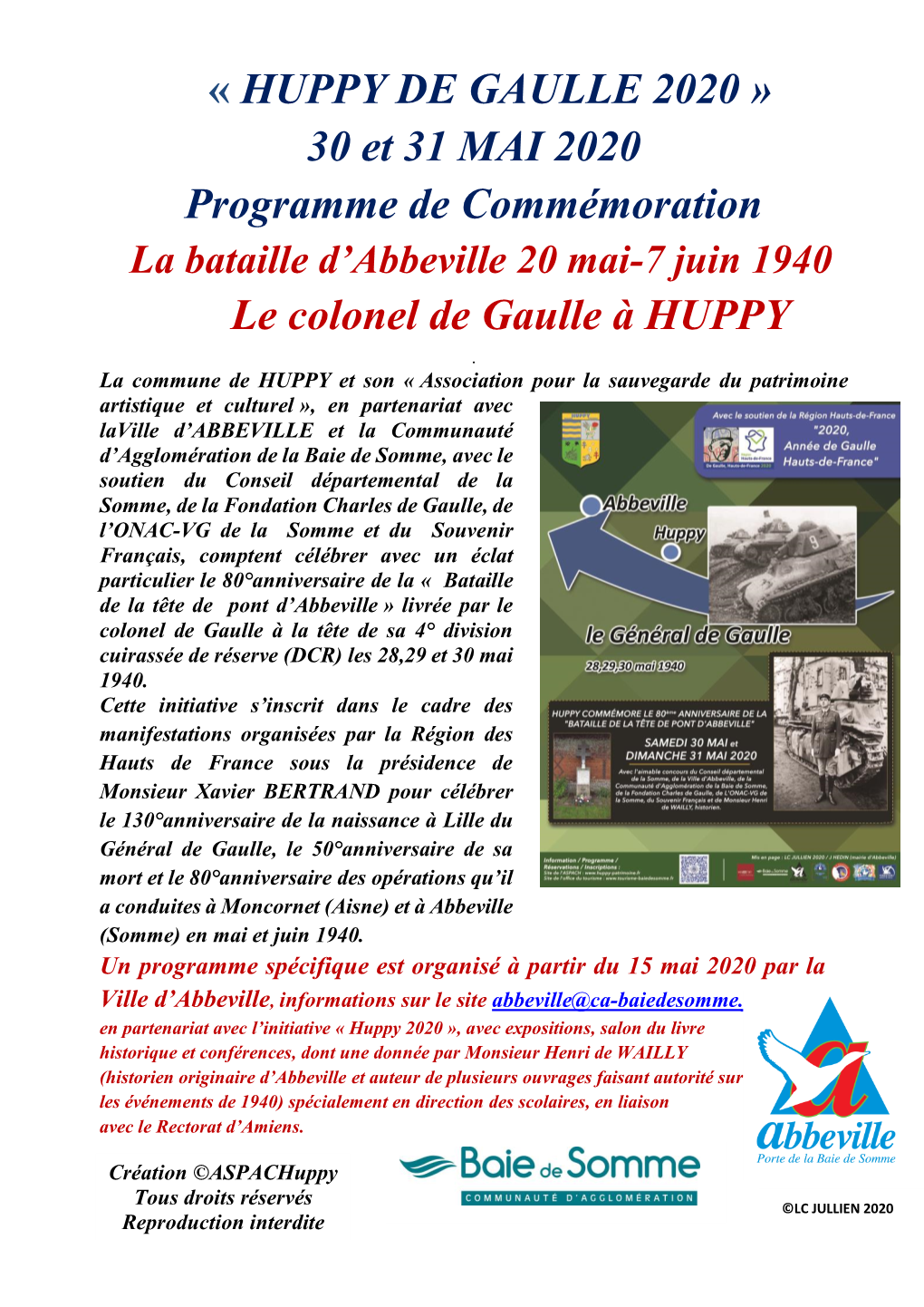 « HUPPY DE GAULLE 2020 » 30 Et 31 MAI 2020 Programme De Commémoration Le Colonel De Gaulle À HUPPY