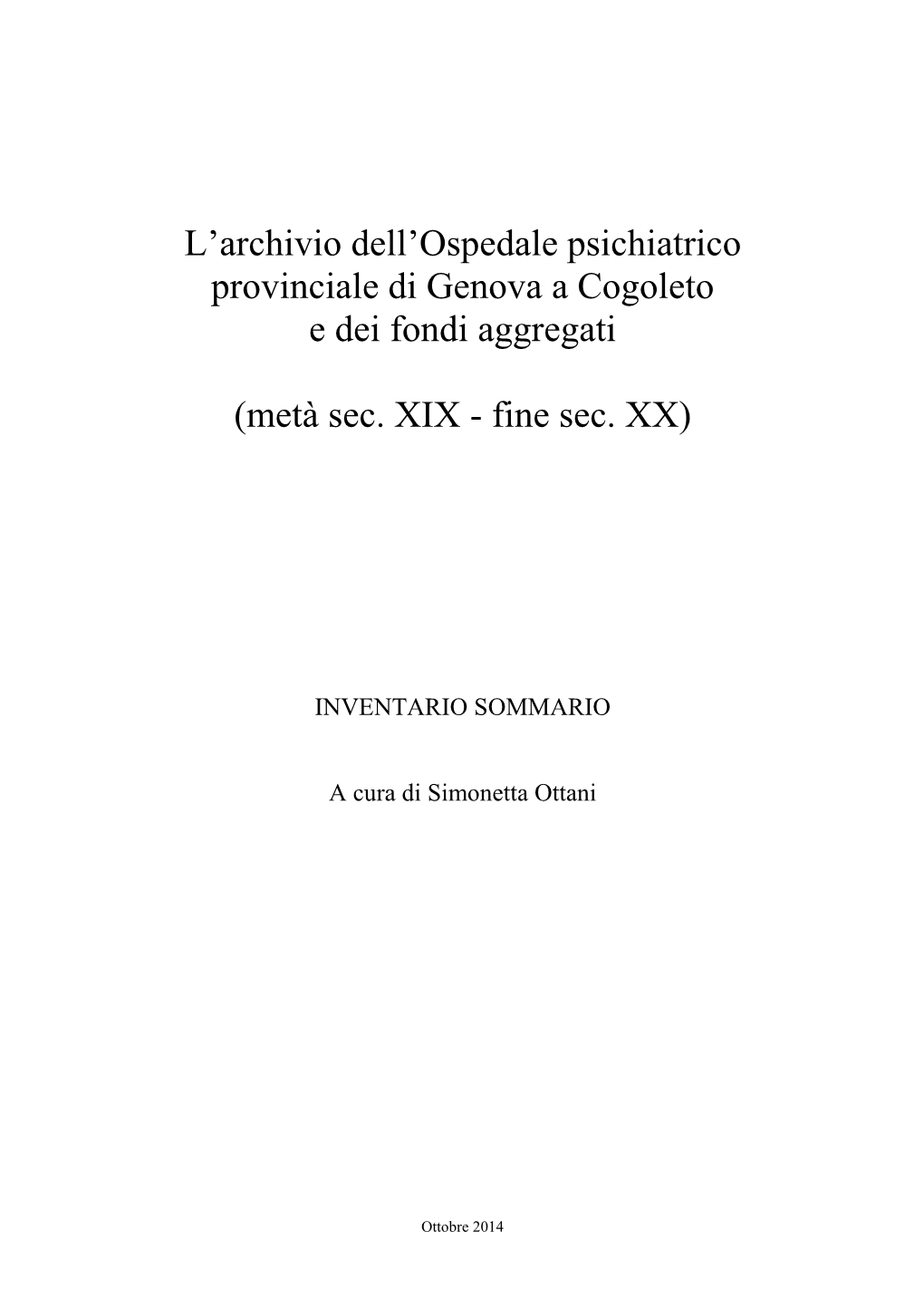 Inventario Ospedale Psichiatrico Di Cogoleto E Aggregati