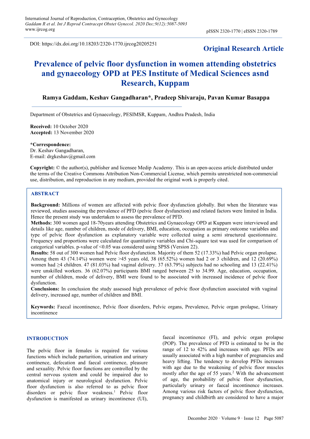 Prevalence of Pelvic Floor Dysfunction in Women Attending Obstetrics and Gynaecology OPD at PES Institute of Medical Sciences Asnd Research, Kuppam
