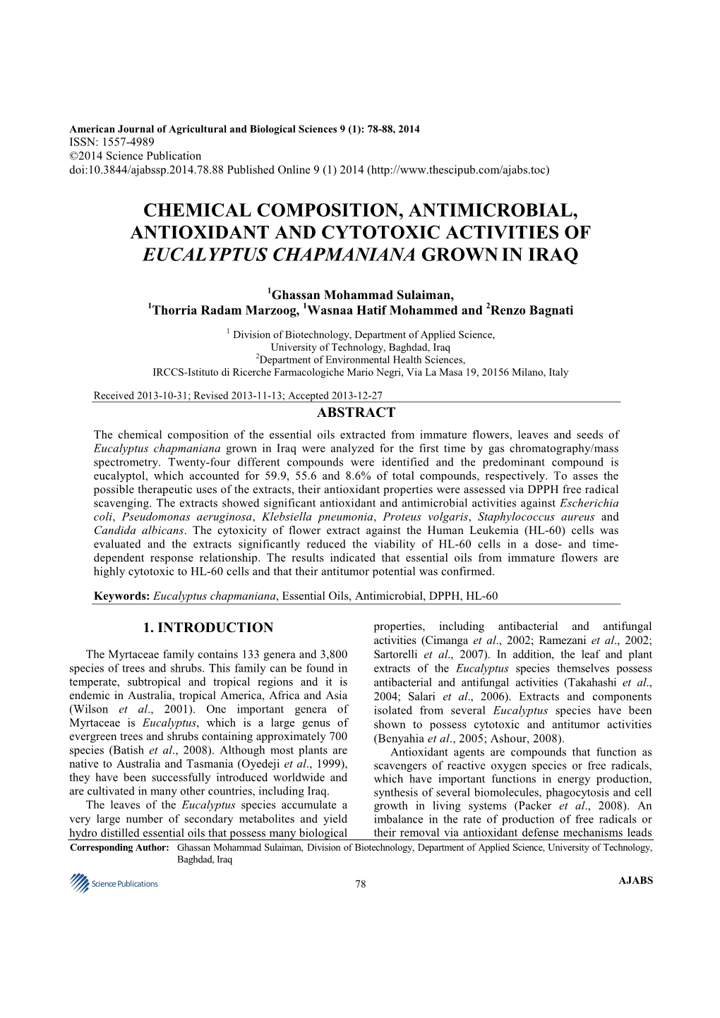 Chemical Composition, Antimicrobial, Antioxidant and Cytotoxic Activities of Eucalyptus Chapmaniana Grownin Iraq