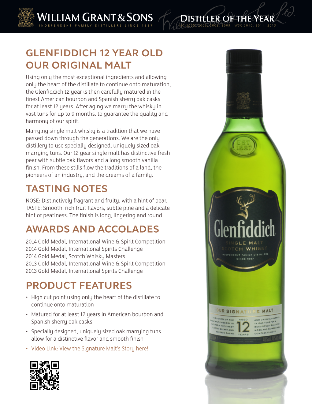 Glenfiddich 12 YEAR OLD OUR ORIGINAL MALT TASTING NOTES AWARDS and ACCOLADES PRODUCT FEATURES
