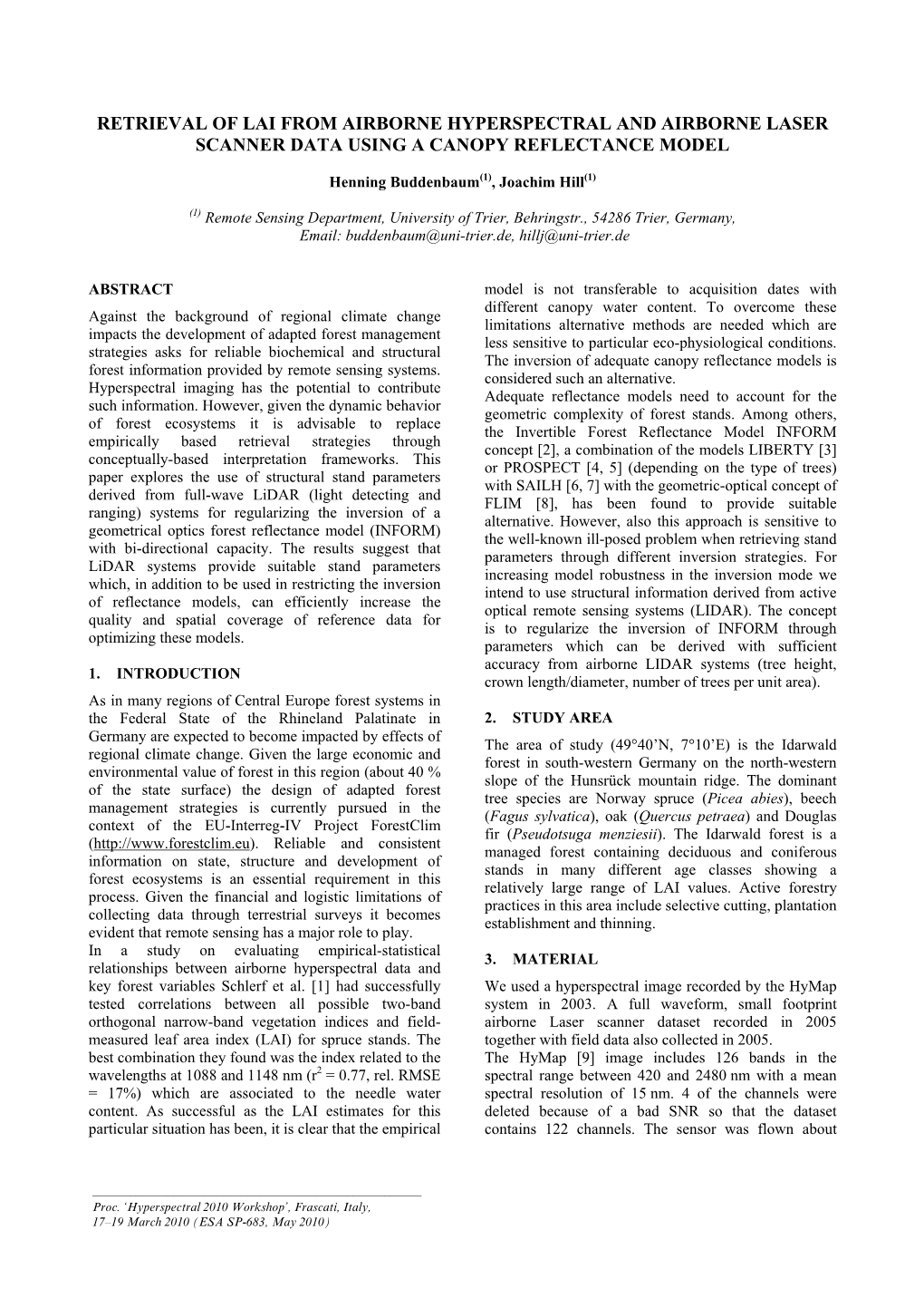 Retrieval of Lai from Airborne Hyperspectral and Airborne Laser Scanner Data Using a Canopy Reflectance Model