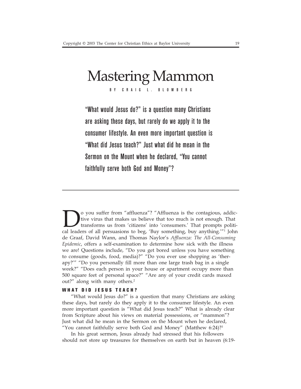 Mastering Mammon by CRAIG L