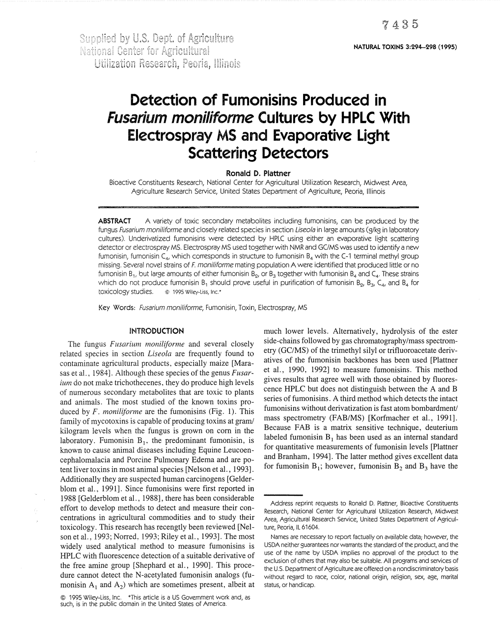 Detection of Fumonisins Produced in Fusarium Moniliforme Cultures by HPLC with Eleetrospray MS and Evaporative Light Scattering Detectors