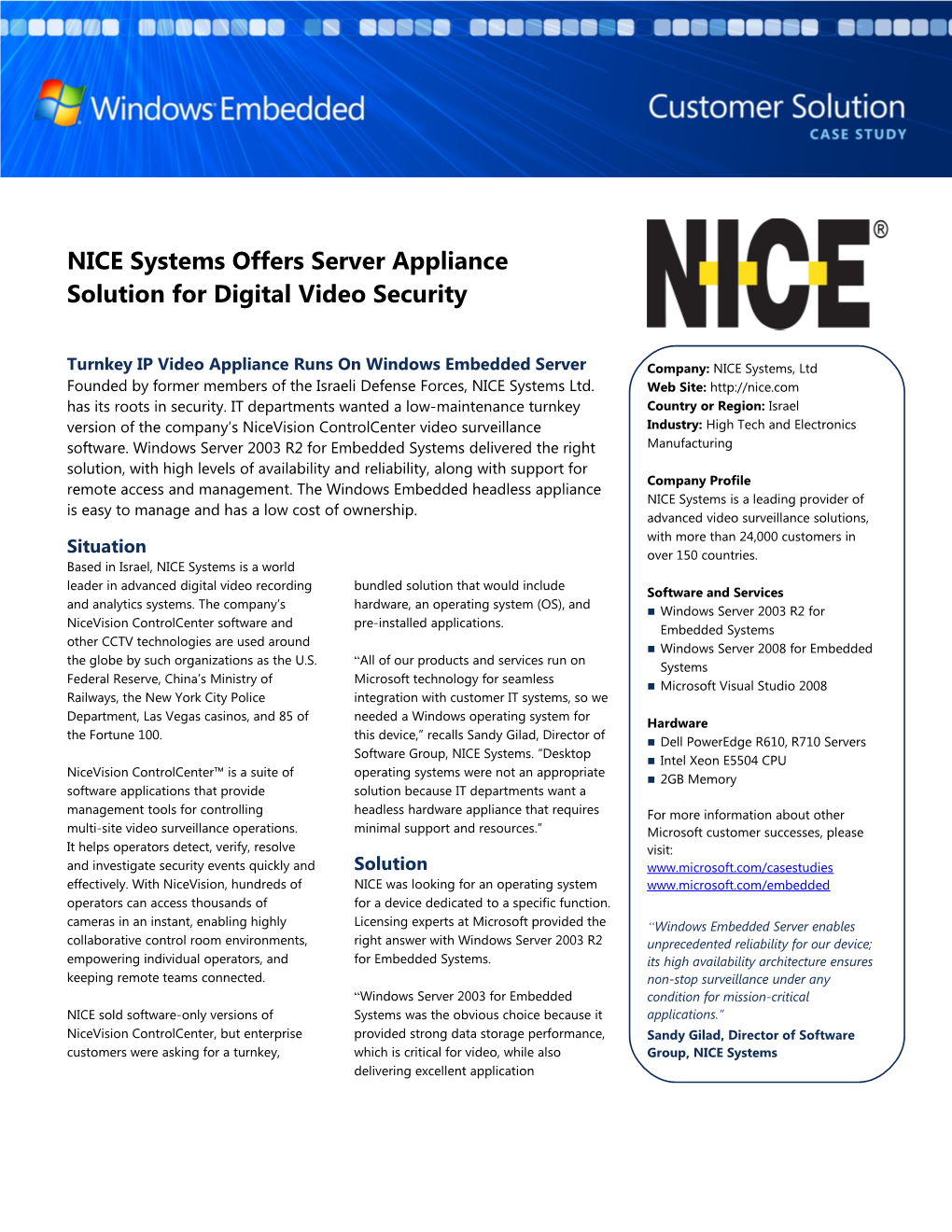 Metia Windows Embedded NICE Systems Offers Server Appliance Solution for Digital Video Security