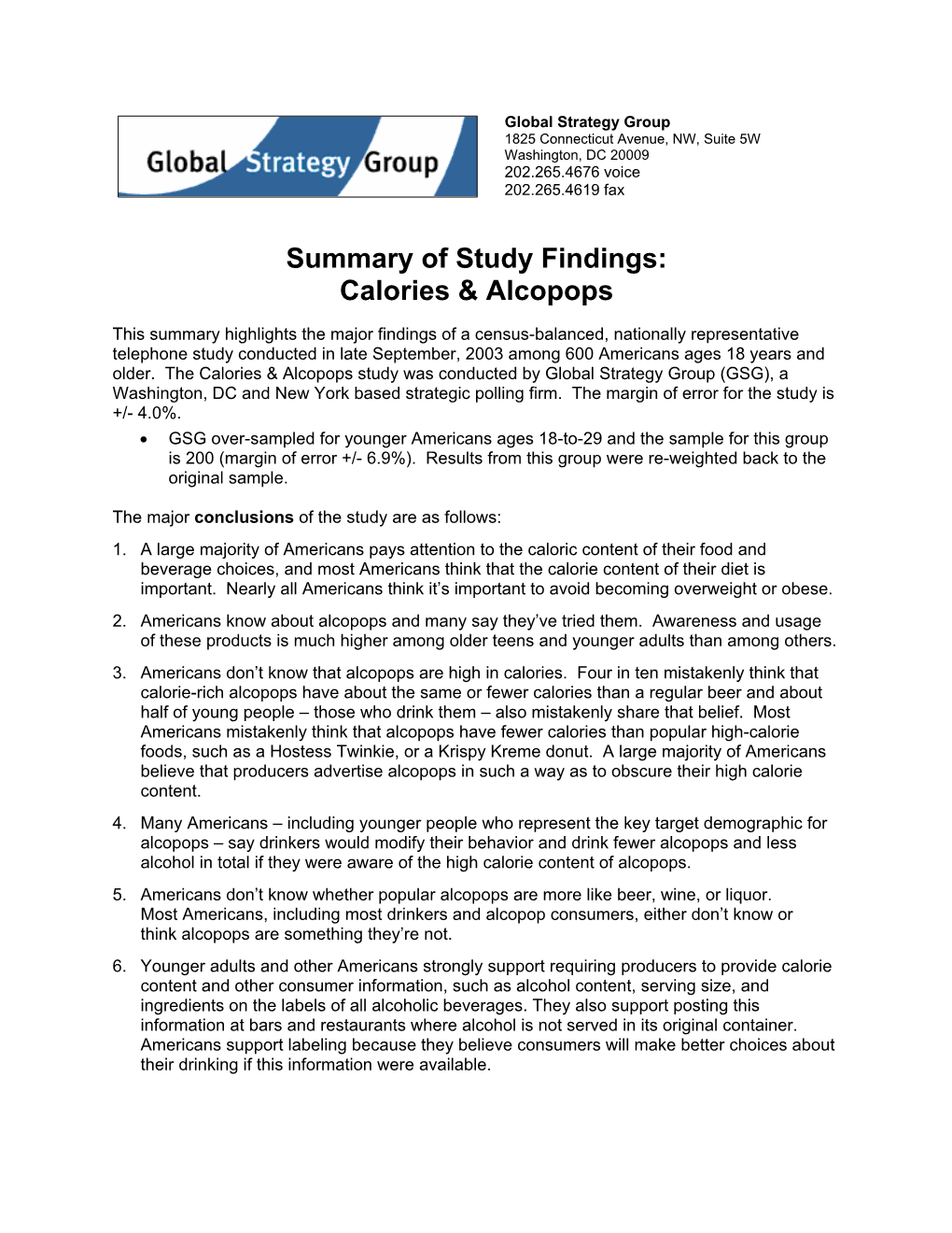 Summary of Study Findings: Calories & Alcopops