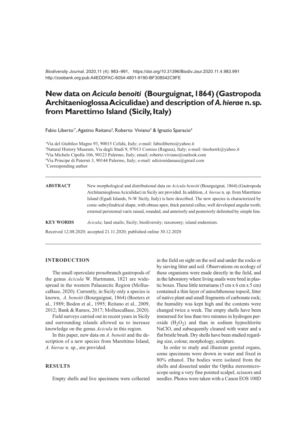 New Data on Acicula Benoiti (Bourguignat, 1864) (Gastropoda Architaenioglossa Aciculidae) and Description of A