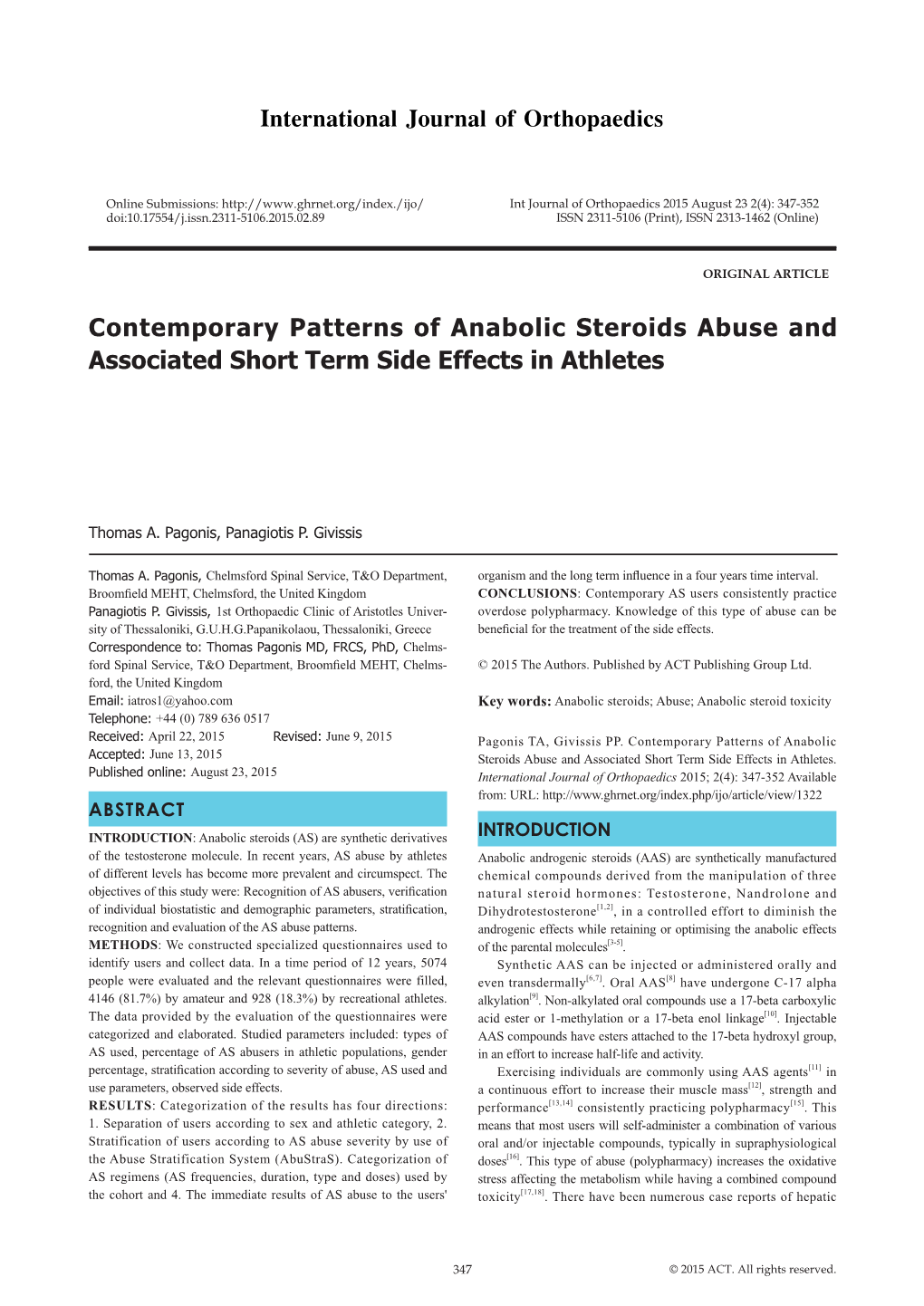 Contemporary Patterns of Anabolic Steroids Abuse and Associated Short Term Side Effects in Athletes