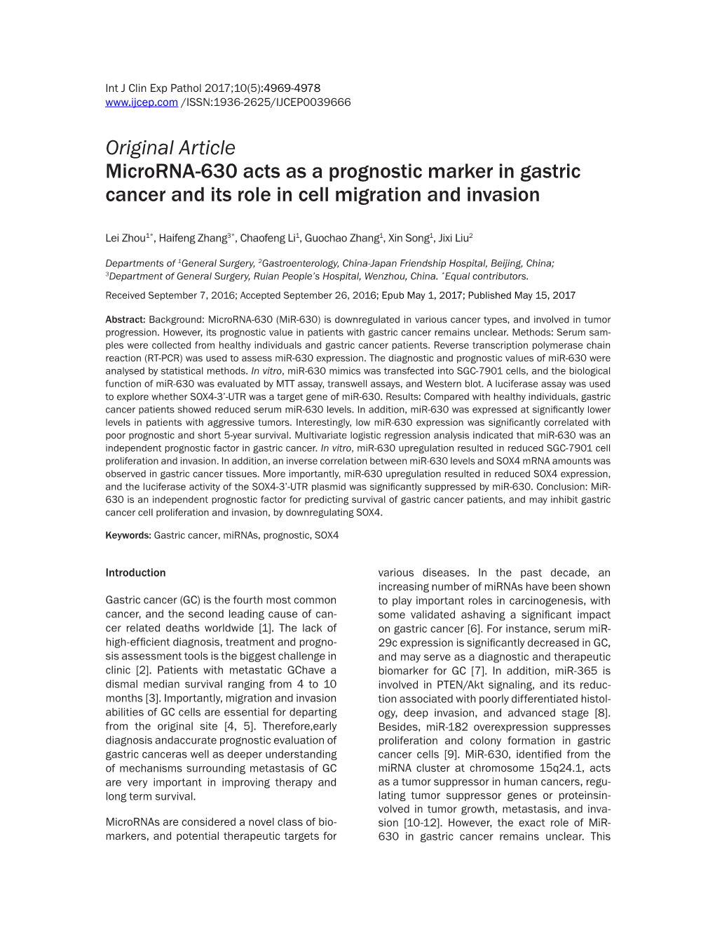 Original Article Microrna-630 Acts As a Prognostic Marker in Gastric Cancer and Its Role in Cell Migration and Invasion