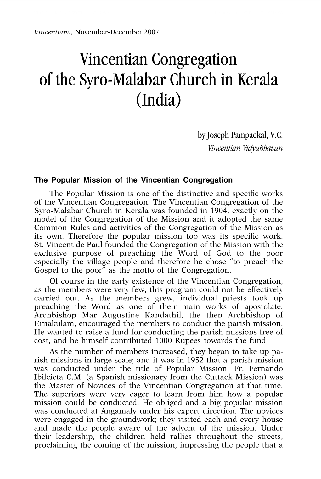 Vincentian Congregation of the Syro-Malabar Church in Kerala (India)