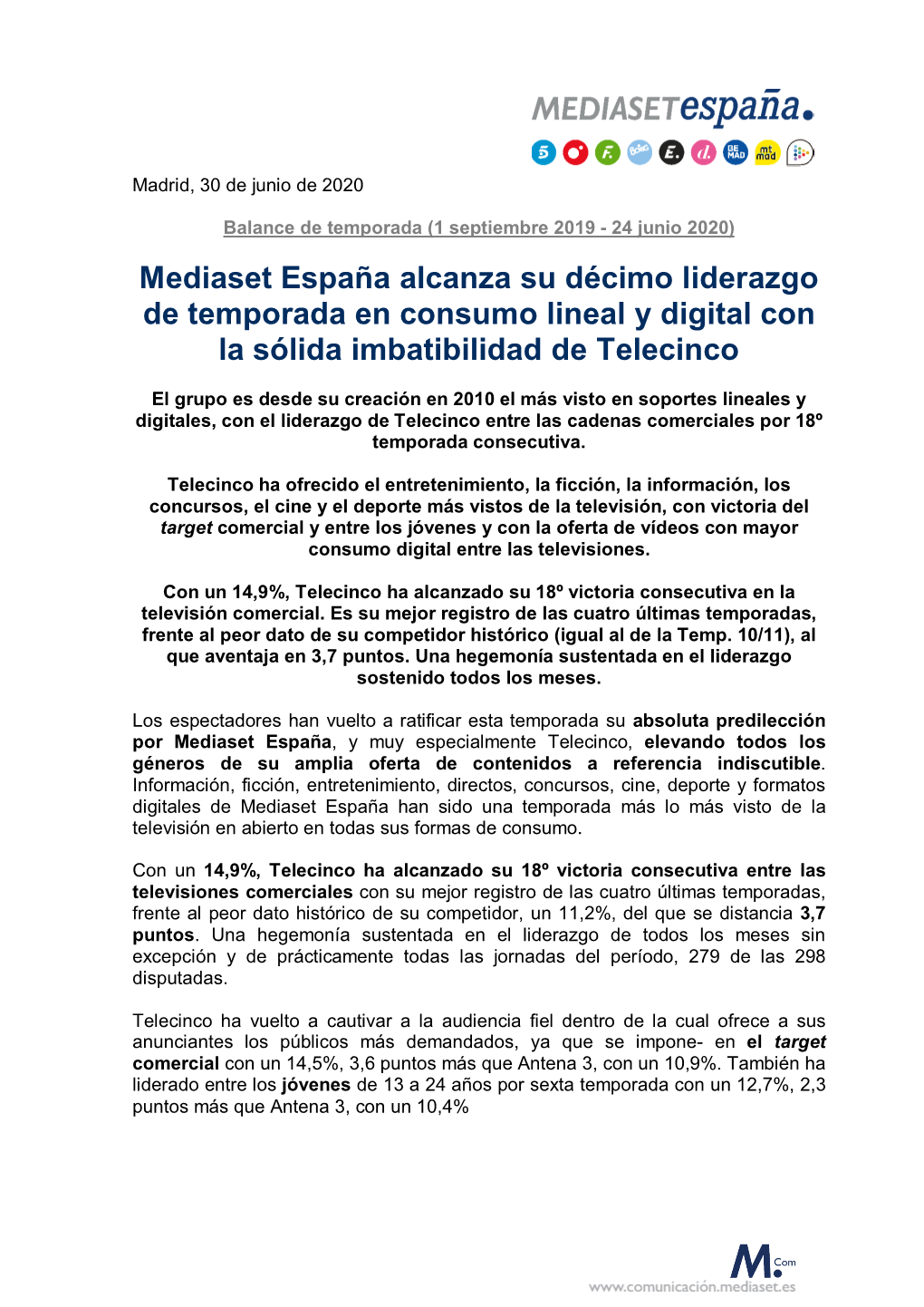 Mediaset España Alcanza Su Décimo Liderazgo De Temporada En Consumo Lineal Y Digital Con La Sólida Imbatibilidad De Telecinco