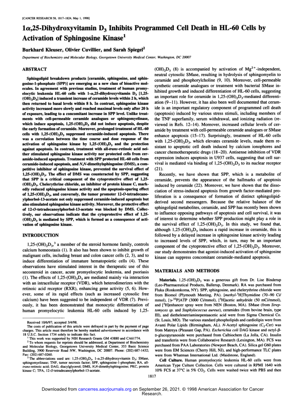 La,25-Dihydroxyvitamin D3 Inhibits Programmed Cell Death in HL-60 Cells by Activation of Sphingosine Kinase1