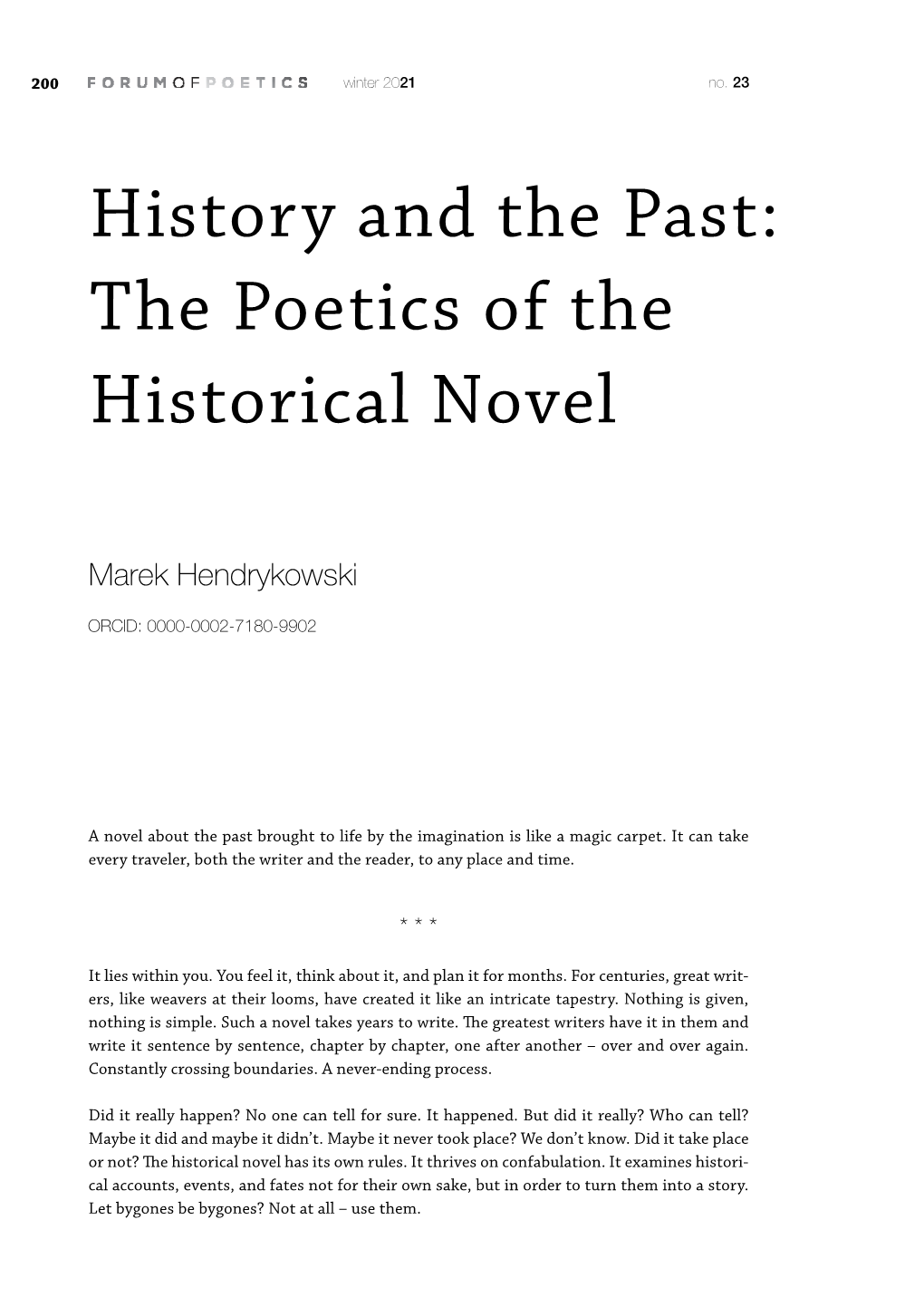 History and the Past: the Poetics of the Historical Novel