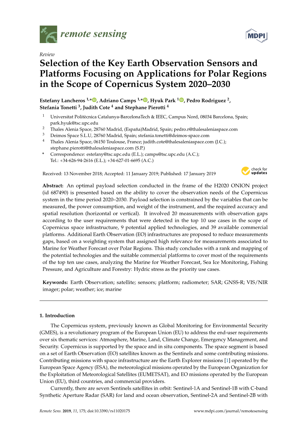 Selection of the Key Earth Observation Sensors and Platforms Focusing on Applications for Polar Regions in the Scope of Copernicus System 2020–2030