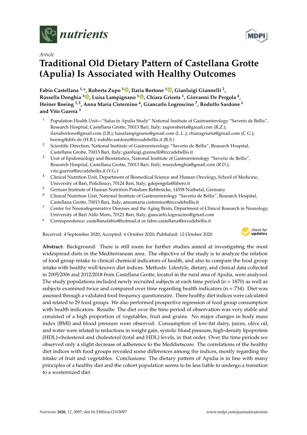 Traditional Old Dietary Pattern of Castellana Grotte (Apulia) Is Associated with Healthy Outcomes