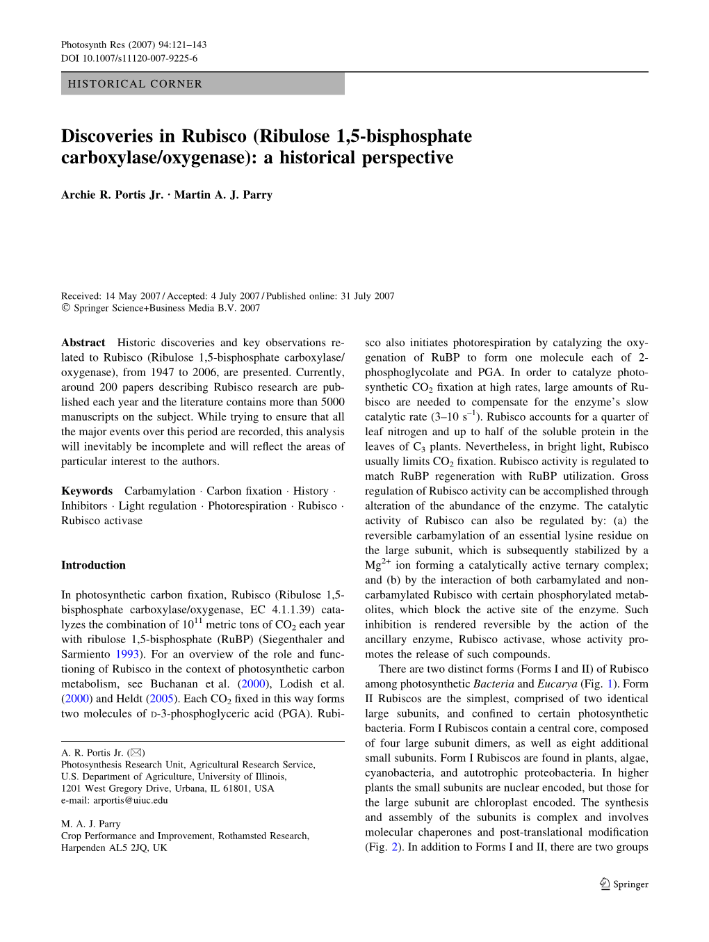 Discoveries in Rubisco (Ribulose 1,5-Bisphosphate Carboxylase/Oxygenase): a Historical Perspective