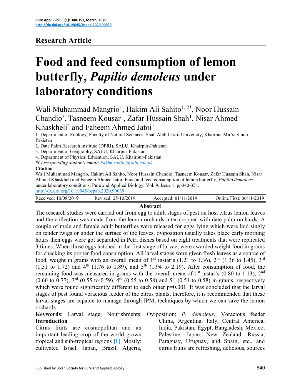 Food and Feed Consumption of Lemon Butterfly, Papilio Demoleus Under Laboratory Conditions