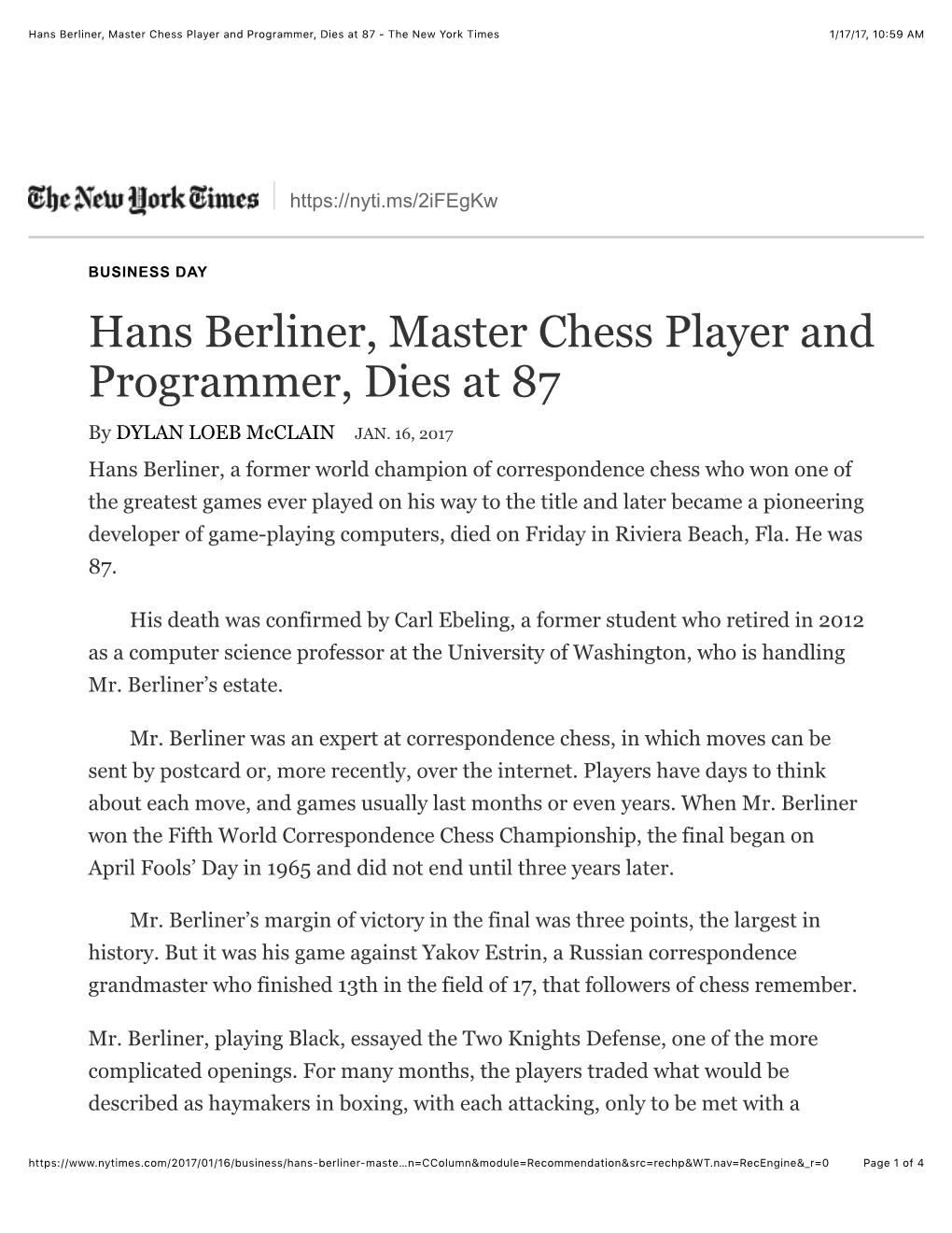 Hans Berliner, Master Chess Player and Programmer, Dies at 87 - the New York Times 1/17/17, 10:59 AM