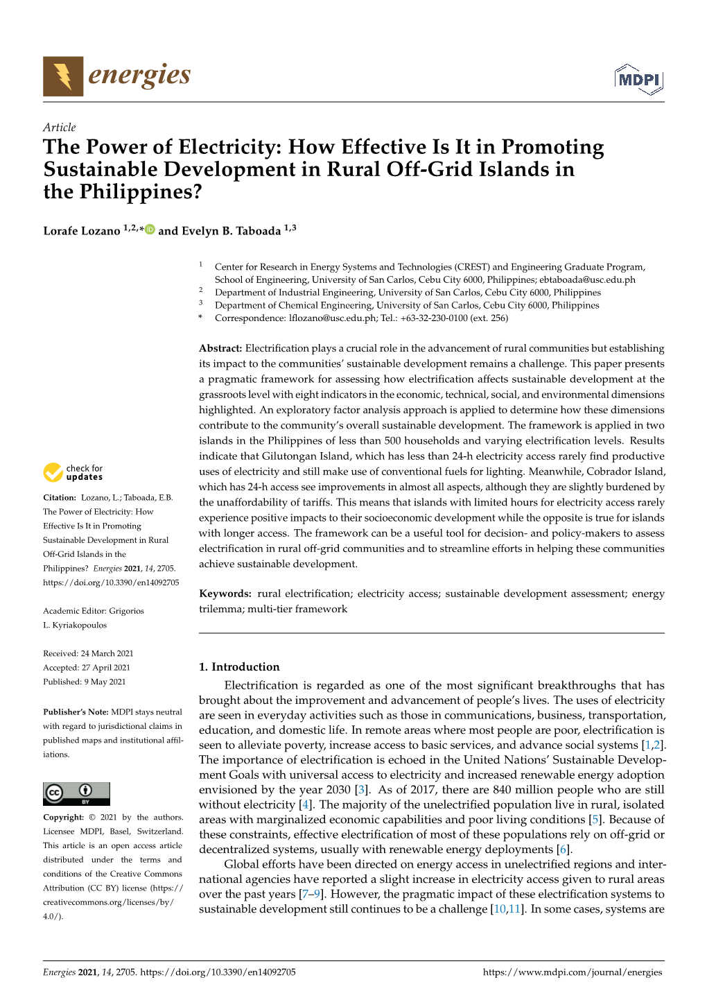 The Power of Electricity: How Effective Is It in Promoting Sustainable Development in Rural Off-Grid Islands in the Philippines?