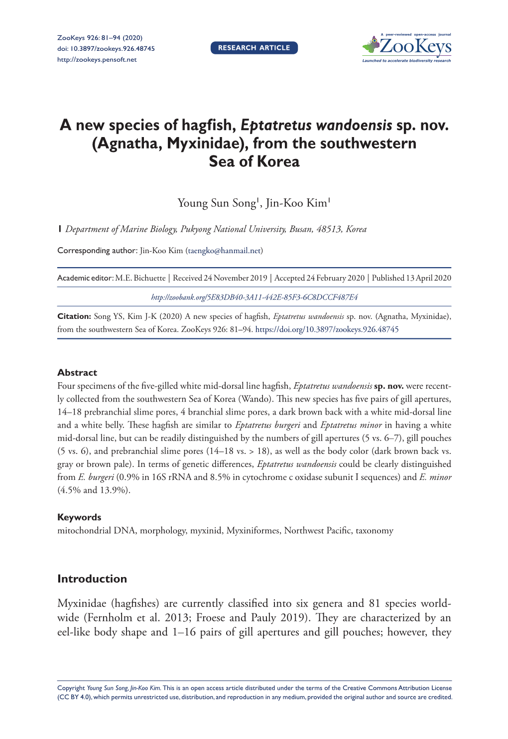 A New Species of Hagfish, Eptatretus Wandoensis Sp. Nov. (Agnatha, Myxinidae), from the Southwestern Sea of Korea