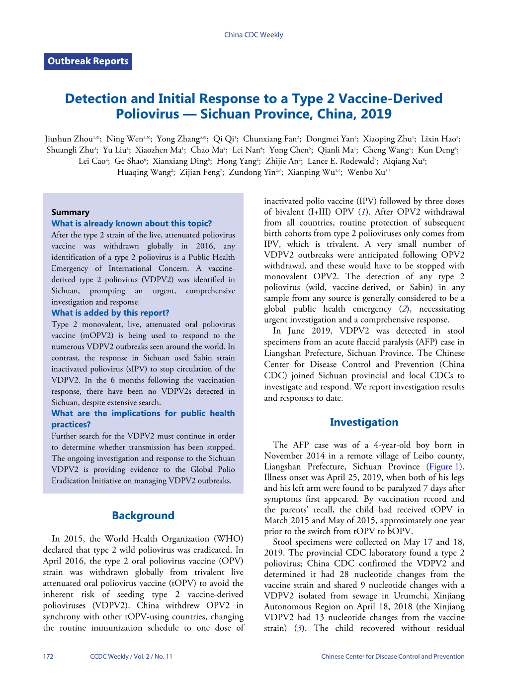 Detection and Initial Response to a Type 2 Vaccine-Derived Poliovirus — Sichuan Province, China, 2019