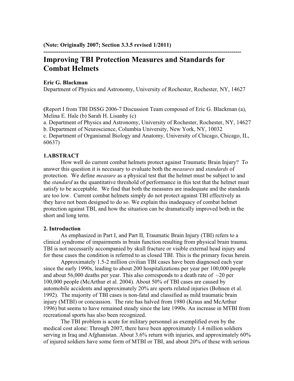 Improving TBI Protection Measures and Standards for Combat Helmets