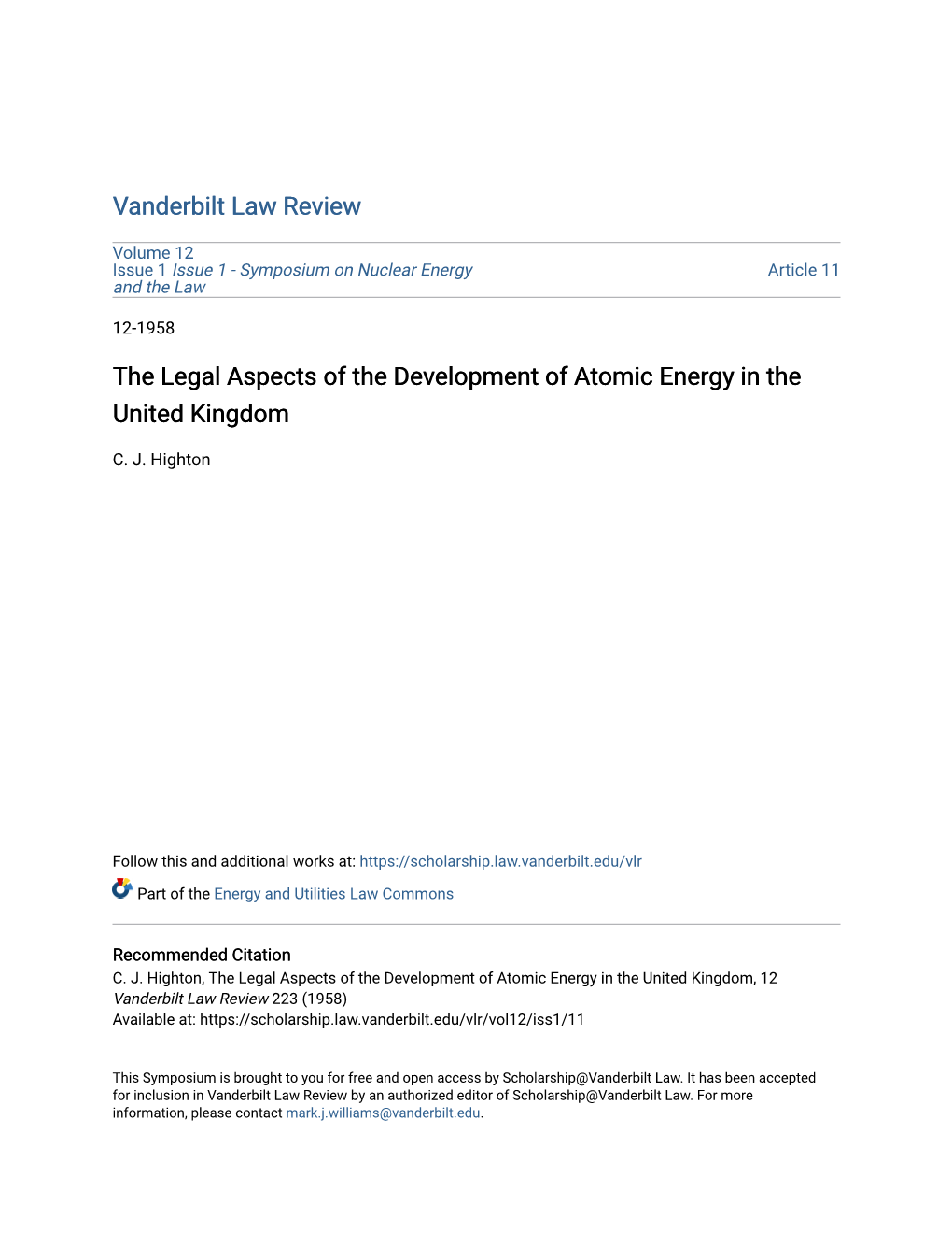 The Legal Aspects of the Development of Atomic Energy in the United Kingdom