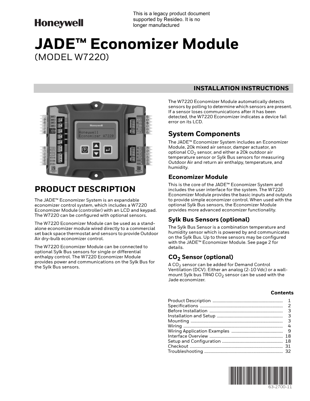 JADE™ Economizer Module (MODEL W7220)