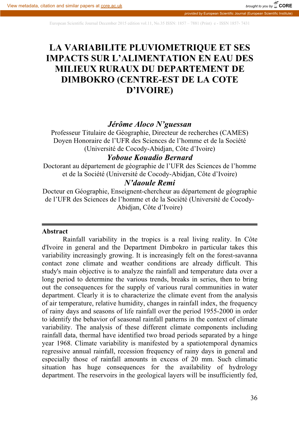 La Variabilite Pluviometrique Et Ses Impacts Sur L’Alimentation En Eau Des Milieux Ruraux Du Departement De Dimbokro (Centre-Est De La Cote D’Ivoire)