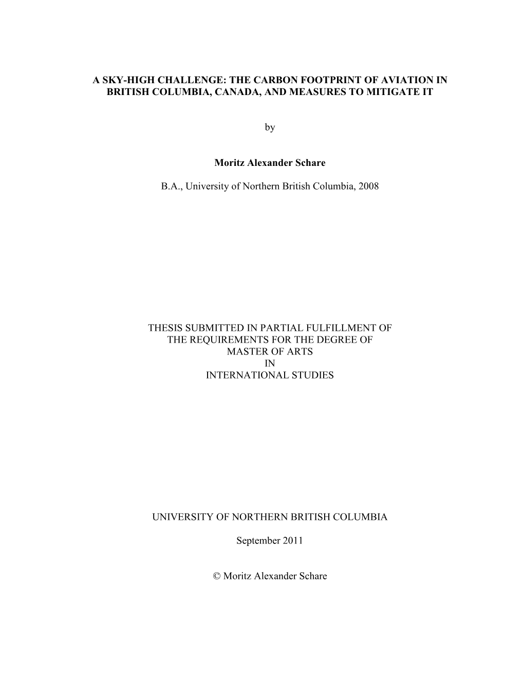 THE CARBON FOOTPRINT of AVIATION in BRITISH COLUMBIA, CANADA, and MEASURES to MITIGATE IT by Moritz Alexan