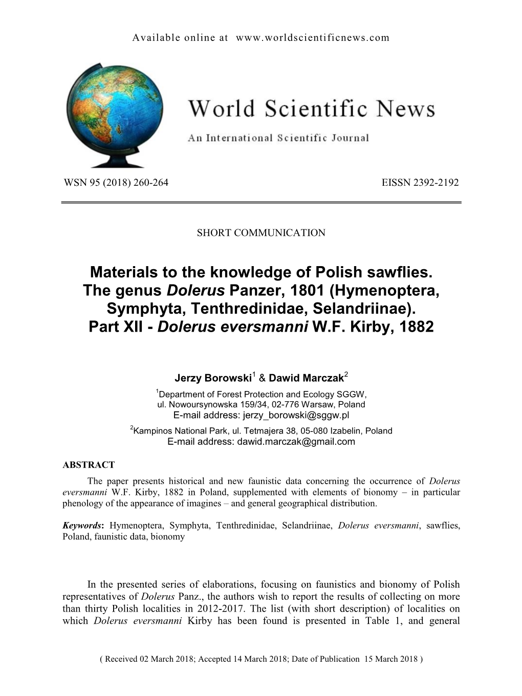 Materials to the Knowledge of Polish Sawflies. the Genus Dolerus Panzer, 1801 (Hymenoptera, Symphyta, Tenthredinidae, Selandriinae)