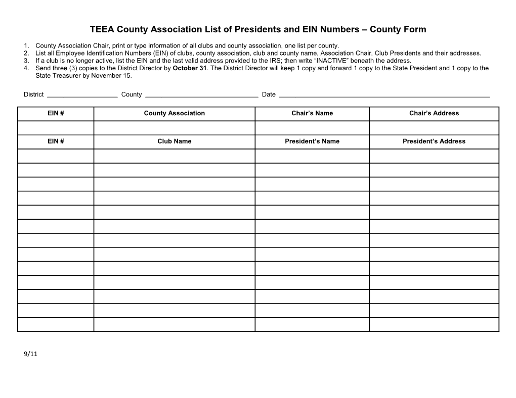 TEEA County Association List of Presidents and EIN Numbers - County Form