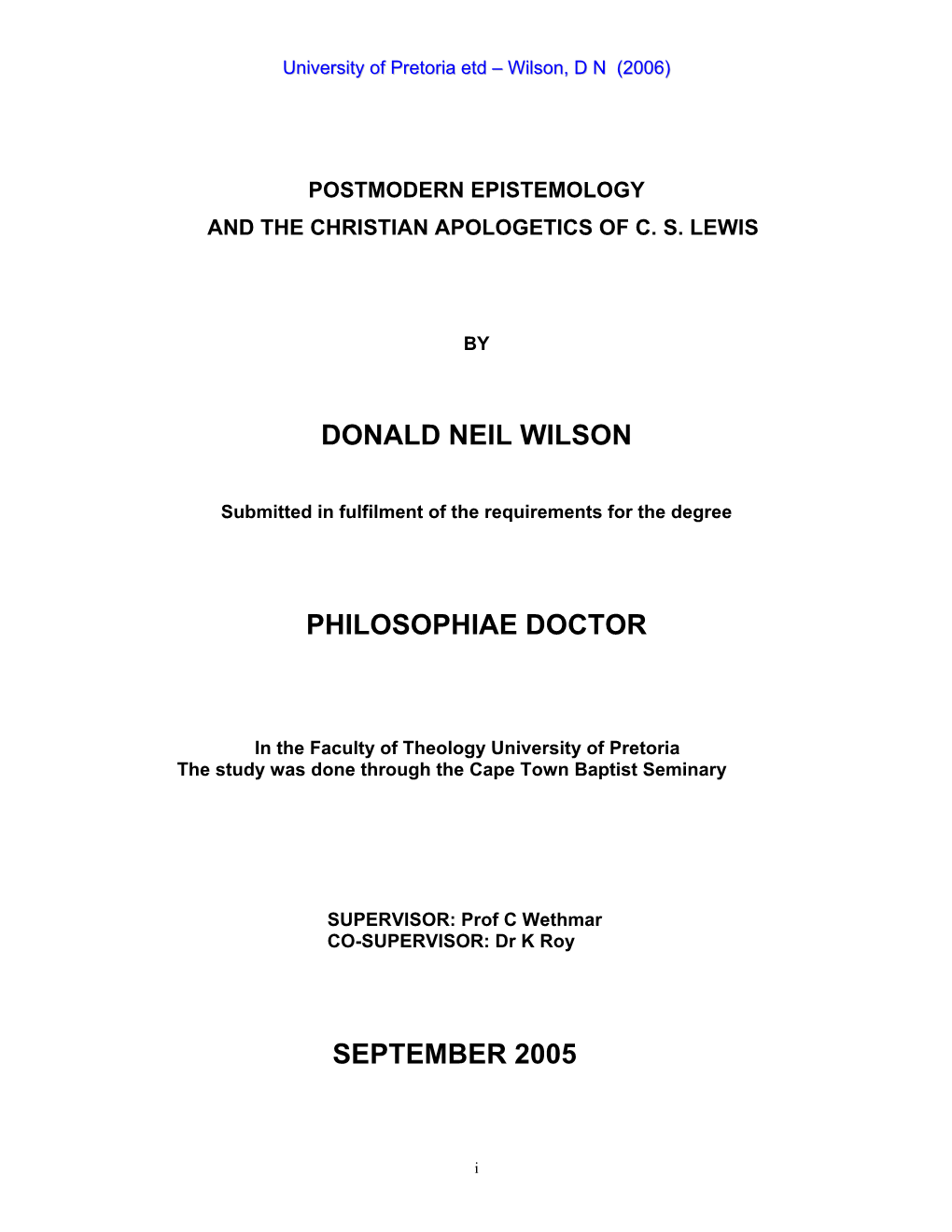 Donald Neil Wilson Philosophiae Doctor