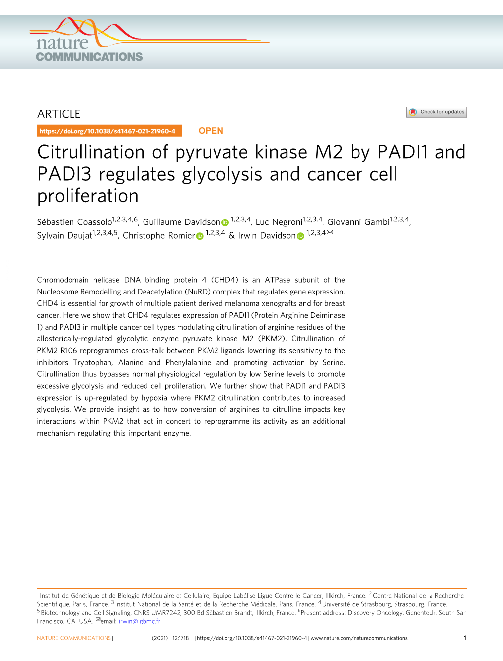 Citrullination of Pyruvate Kinase M2 by PADI1 and PADI3 Regulates Glycolysis and Cancer Cell Proliferation