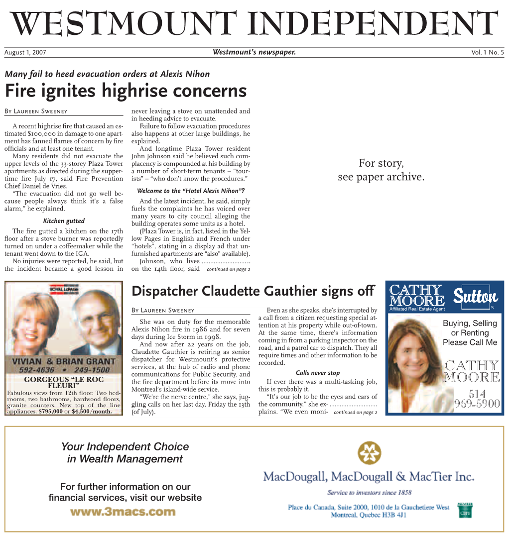 August 1, 2007 Westmount’S Newspaper