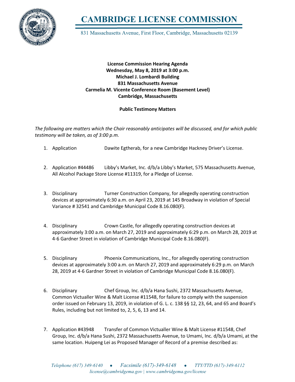 License Commission Hearing Agenda for May 8, 2019