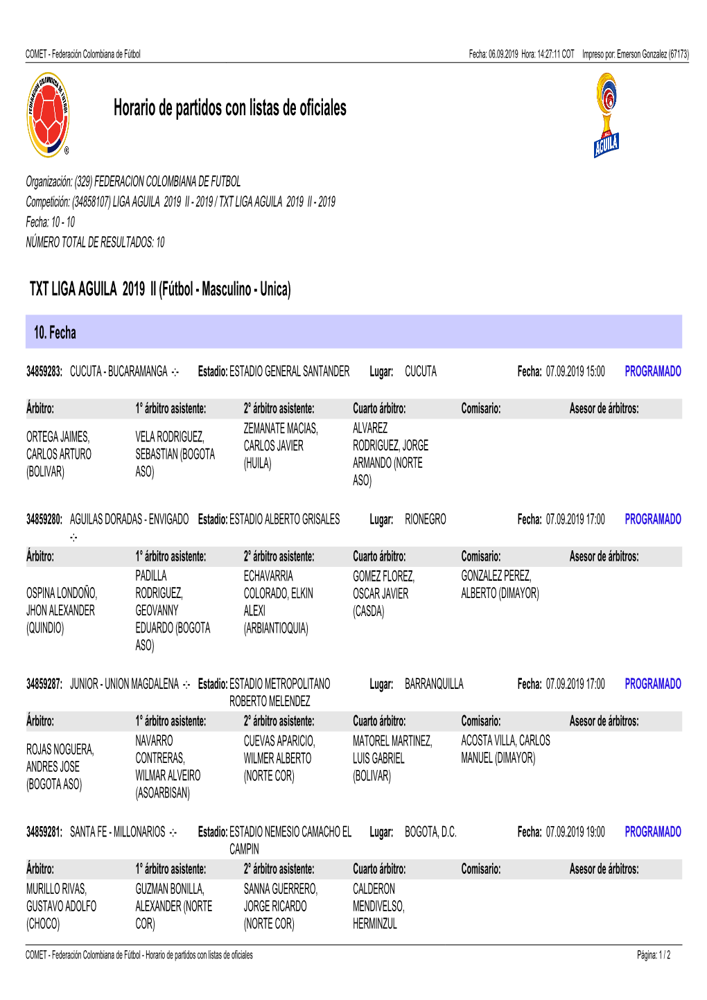 Horario De Partidos Con Listas De Oficiales