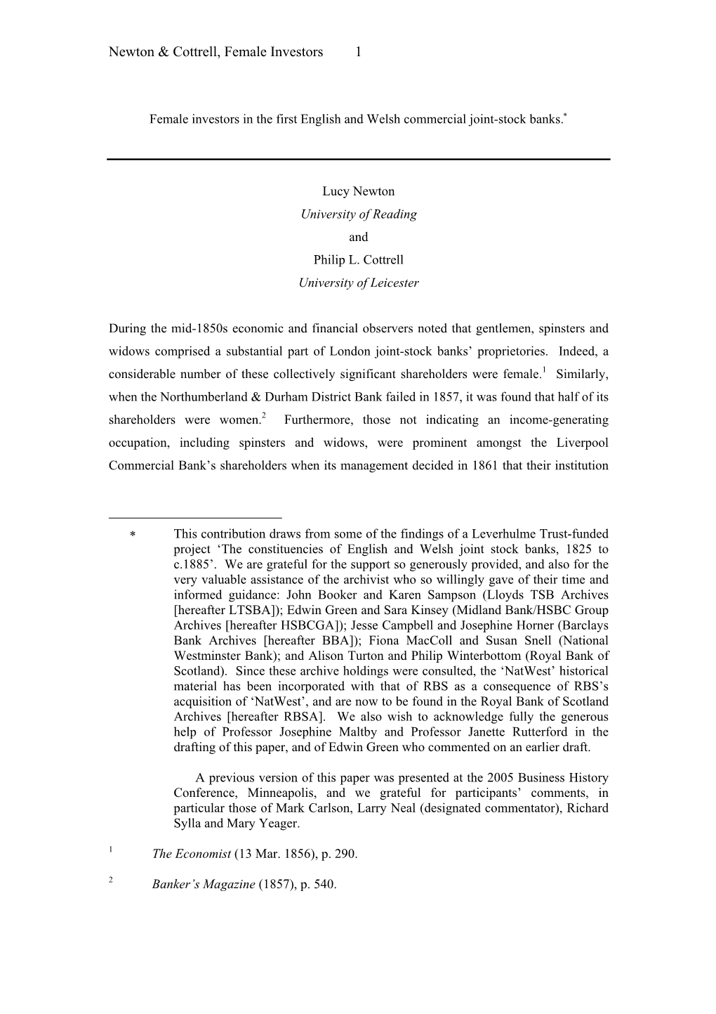 Female Investors in the First English and Welsh Commercial Joint-Stock Banks.∗