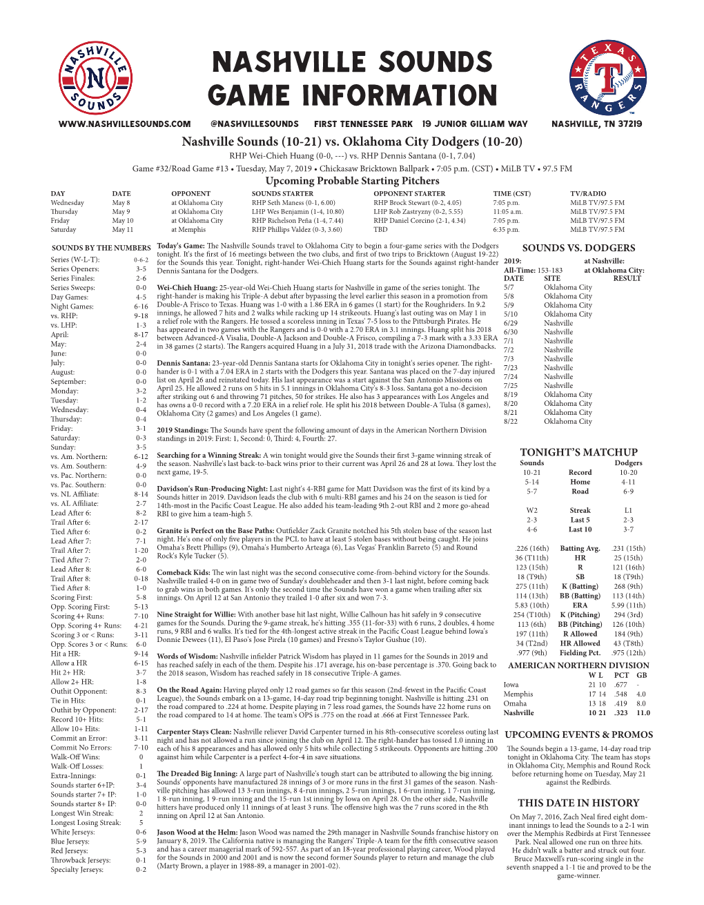 Nashville Sounds Game Information @Nashvillesounds First Tennessee Park 19 Junior Gilliam Way Nashville, TN 37219 Nashville Sounds (10-21) Vs